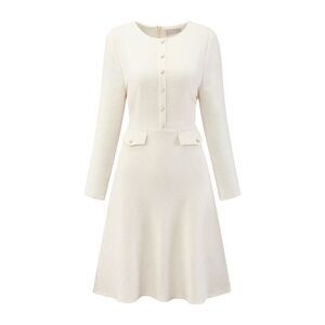 A-Line Tweed Long Sleeve Vintage Work Flare Dresses White